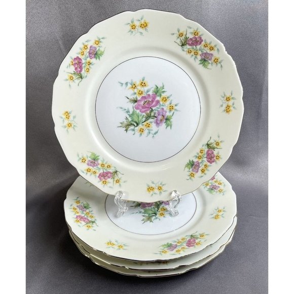 Set of 4 Black Knight Germany Yellow Pink Floral Gold Trim Dinner Plates 10" - Picture 2 of 13